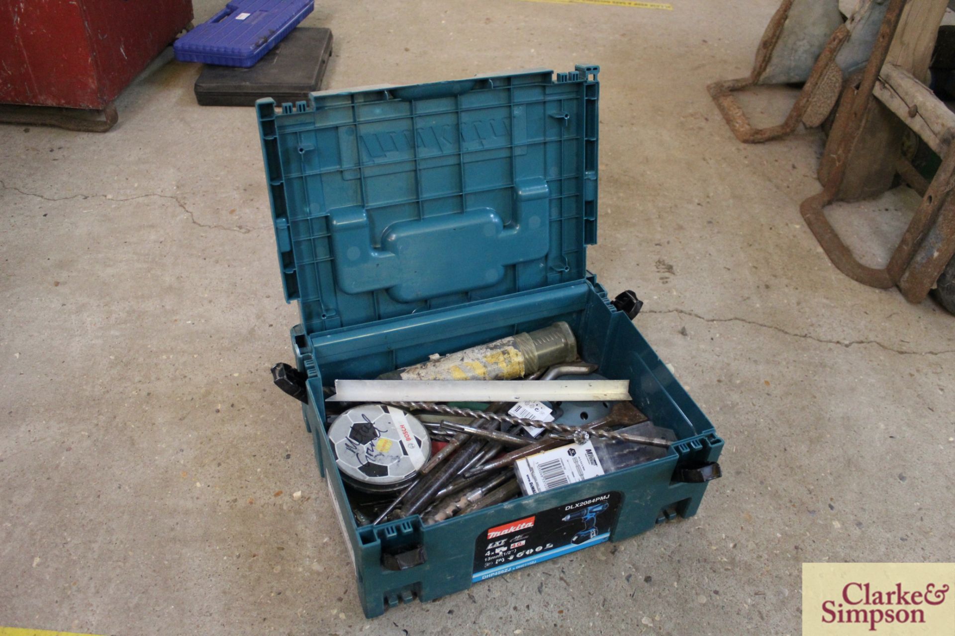 Makita toolbox containing large quantity of SDS and other drill bits and chisels.