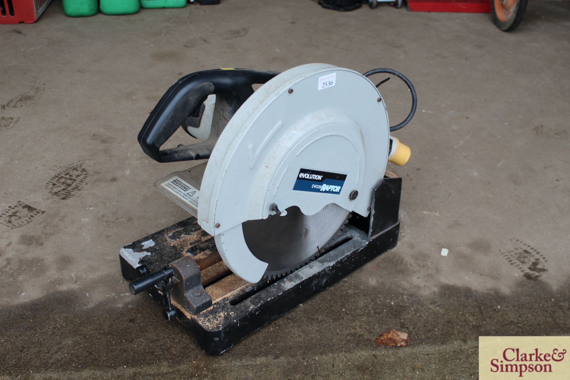 Evolution EVO 0355 Raptor 110V chop saw with wood disc.