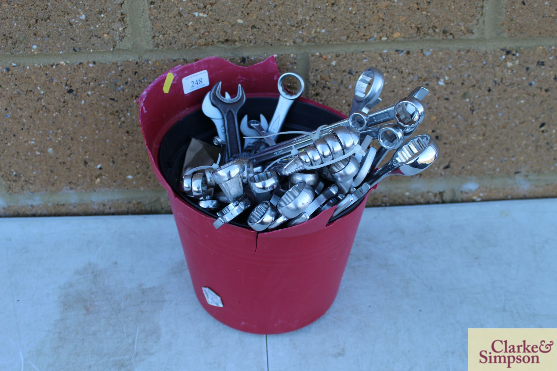 Bucket containing a large quantity of ring spanners.