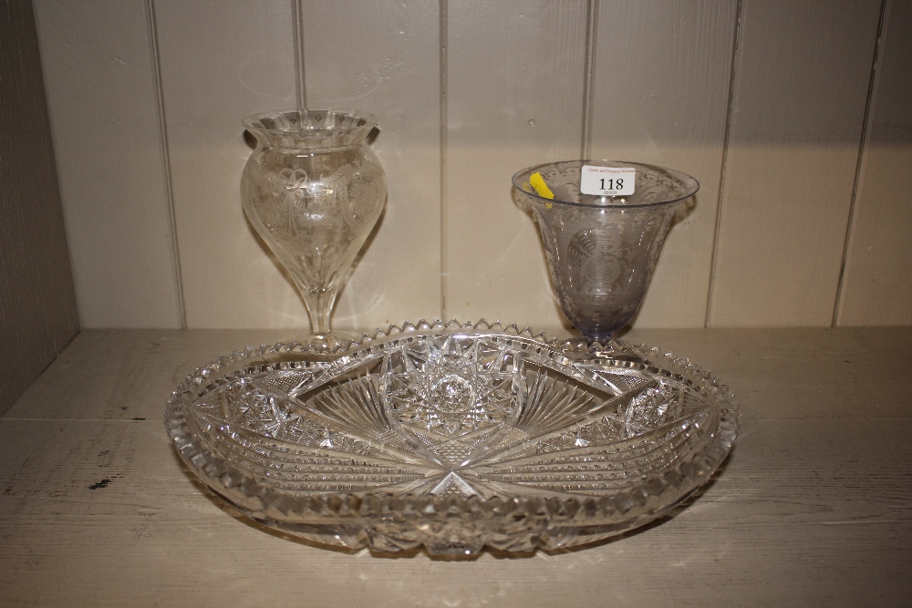 A foliate etched goblet; another similar; and a he