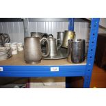 Various pewter and plated tankards and a tray