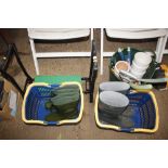 Two plastic garden trugs; two pairs of Wellingtons
