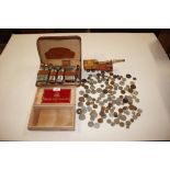 A quantity of various coinage; a gentleman's cased grooming kit; and a die-cast model crane