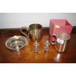 A plated tankard; a plated salt and pepper pot etc