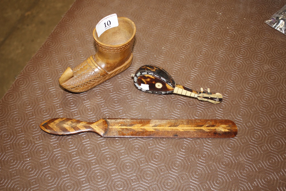 A Victorian chevron inlaid letter opener; a boot s