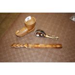 A Victorian chevron inlaid letter opener; a boot s