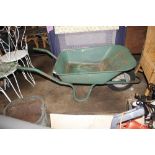 A metal garden wheelbarrow