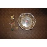 A white metal Maltese bowl; butterfly brooch; a Vi
