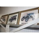 Three coloured prints depicting vintage Ford motor