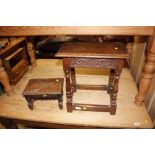 A carved oak joint stool; and a small carved oak s