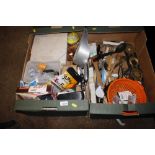 Two boxes containing various kitchenalia; horse br