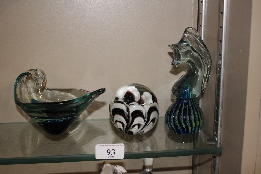 A Mdina glass seahorse; a similar heavy glass jug;