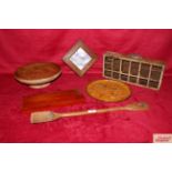 Various items to include a large elm cake stand; a