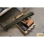 An Army camp bed; military kit box; stretcher etc.