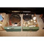 Two boxes containing various silver platedware, tr