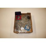 A box of various silver and other coinage includin