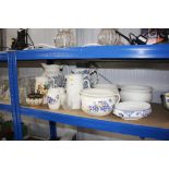 A quantity of bed pans; various blue and white jug