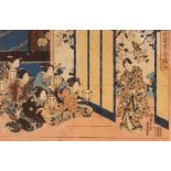 An attractive pair of 19th Century Japanese woodblock prints, Geisha in Attendance and at a tea