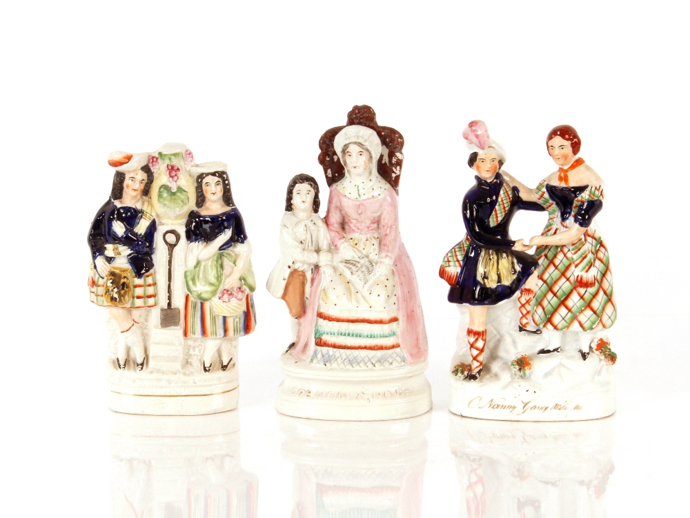 A Staffordshire figure, "Oh Nanny, Going With Me"; another of a highland gardening couple; and