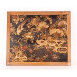 A late 17th / early 18th Century chinoiserie panel, of lacquered wood painted with birds, insects