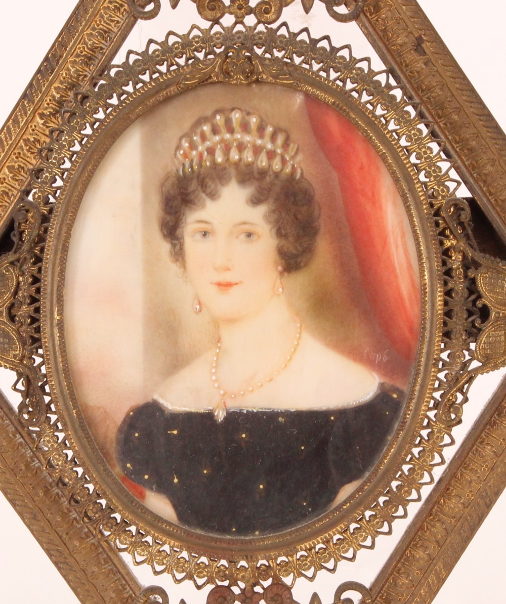 19th Century school, oval portrait study of a young woman wearing tiara in a gilded filigree work - Image 2 of 2