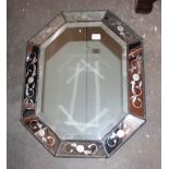 A Venetian octagonal glass wall mirror, having decorated slip panels, 73cm x 57cm in extremes