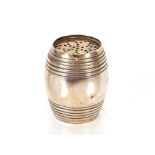 A small Victorian silver barrel shaped pounce pot, 4.5cm high, London 1862