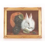 20th Century school, study of a rabbit eating fruit leaves, unsigned oil 26.5cm x 34cm