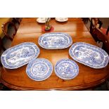 Three Victorian blue and white "Willow" pattern meat pates; and various other blue and white "