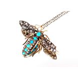 A diamond and turquoise set bee brooch, having yellow metal mounts, 4.5cm x 3cm, (contained in an