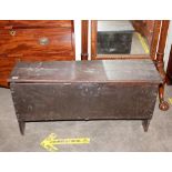 An antique oak coffer or rapier chest, of small proportions, the lid hung to iron strap hinges,