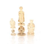 A carved Chinese ivory puzzle ball figure, 14cm high; a smaller similar 8cm high; and a figure of