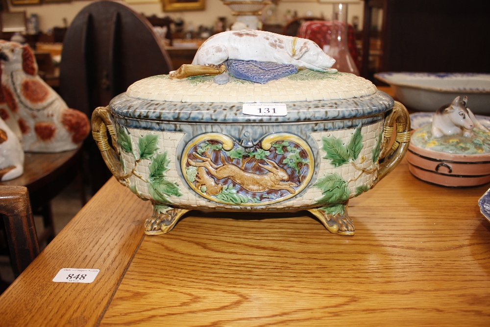 A Minton Majolica game pie dish and cover, decorated gun dog and shooting apparel to the lid, the - Image 17 of 32