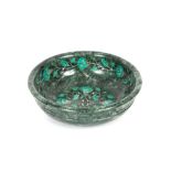 A green hardstone malachite and mother of pearl inlaid shallow bowl, 15.5cm dia.