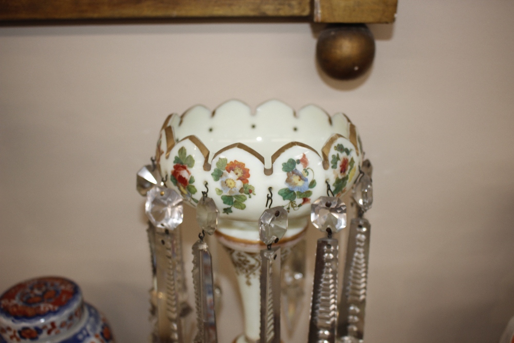 A pair of Victorian pale green opaque glass lustre vases, having painted foliate spray decoration - Image 8 of 11