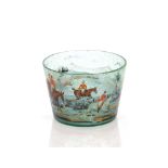 A 19th Century bubble glass bowl, painted with a stag hunting scene in landscape, figures on