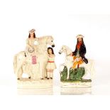 A Staffordshire flat back figure, Girl on a Horse with Attendant Groom, 31cm high; and another