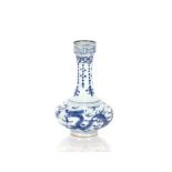 A Chinese porcelain blue and white bottle vase, with dragon design decoration, six character Wan