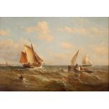 John Moore of Ipswich 1820-1902, study of fishing vessels at sea, signed oil on board, 34cm x 50cm