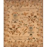 A Victorian sampler, worked by Eliza Waller, decorated birds and flowers with religious text, 35cm x