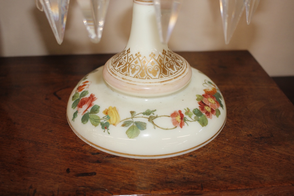 A pair of Victorian pale green opaque glass lustre vases, having painted foliate spray decoration - Image 7 of 11