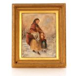 19th Century school, study of woman and child walking on a snowbound path, indistinctly