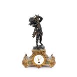 A 19th Century marble and gilded spelter mantel clock, surmounted by a bronze cupid, 26cm high