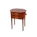A 19th Century mahogany and satin wood strung work table, of octagonal form, the lifting top