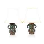 A pair of cloisonné baluster table lamps, with stylised elephant handles, 23cm high (not including