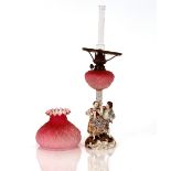 A 19th Century Volkstedt figure group table oil lamp, having red tinted opaque leaf moulded glass