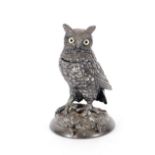 A Victorian plated ink stand,  in the form of an owl with glass eyes, 18cm high
