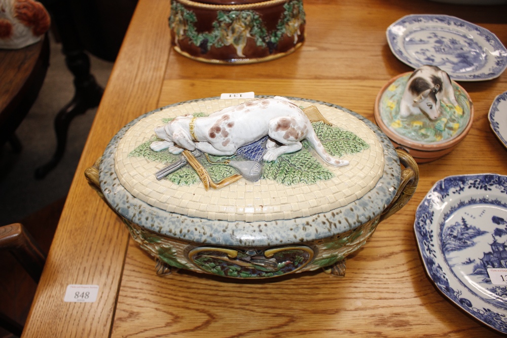 A Minton Majolica game pie dish and cover, decorated gun dog and shooting apparel to the lid, the - Image 20 of 32