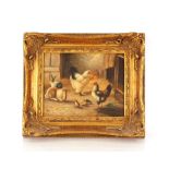 Hunt, pair of studies depicting chickens and other farm animals in a barn, signed oils on board,