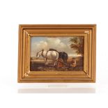 19th Century Suffolk school, study of working horses and ploughman resting, unsigned oil on board,